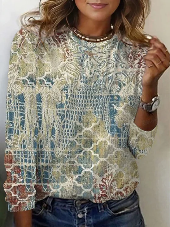 Ethnic Print Long Sleeve Crew Neck T-shirt
