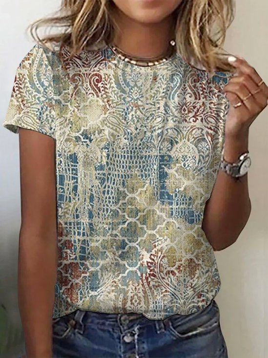 Ethnic Print Short Sleeve Crew Neck T-shirt