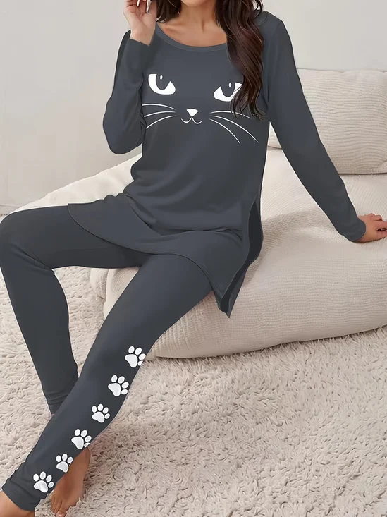 Cat Print Long Sleeve Crew Neck Two Piece Set