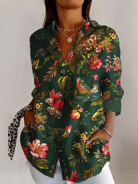 Vintage floral and bird plant printed long sleeved shirt