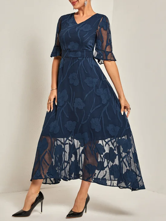 Women's Short Sleeve Summer Floral Dress V Neck Bell Sleeve  Elegant Wedding Guest Blue Flowy Maxi Dress