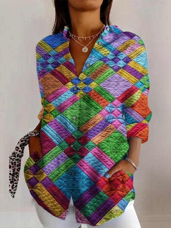 Colorful geometric plaid long sleeved shirt
