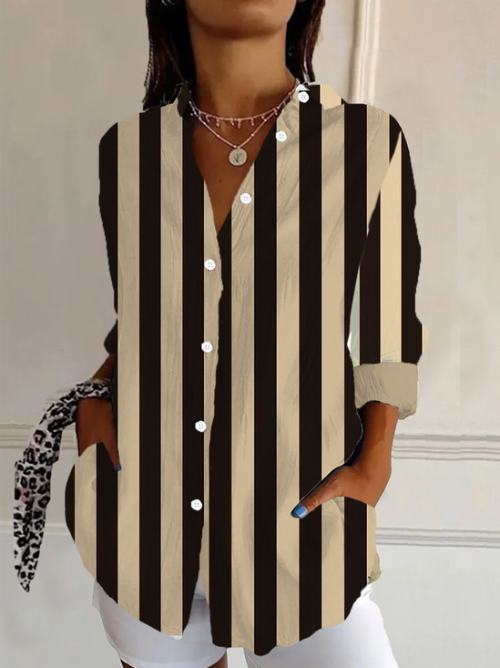 Women's Long Sleeve Shirt Spring/Fall As Picture Striped Shirt Collar Daily Going Out Casual Top
