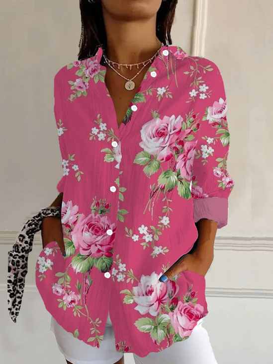 Women's Long Sleeve Shirt Spring/Fall Pink Floral Buckle Shirt Collar Daily Going Out Casual Top