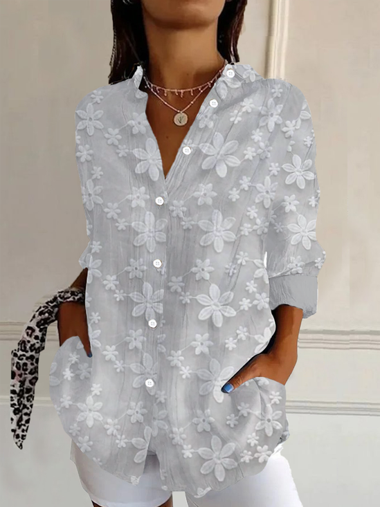 Women's Long Sleeve Shirt Spring/Fall White Floral Buckle Shirt Collar Daily Going Out Casual Top