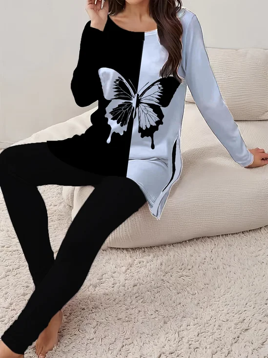 Butterfly Print Long Sleeve Crew Neck Two Piece Set