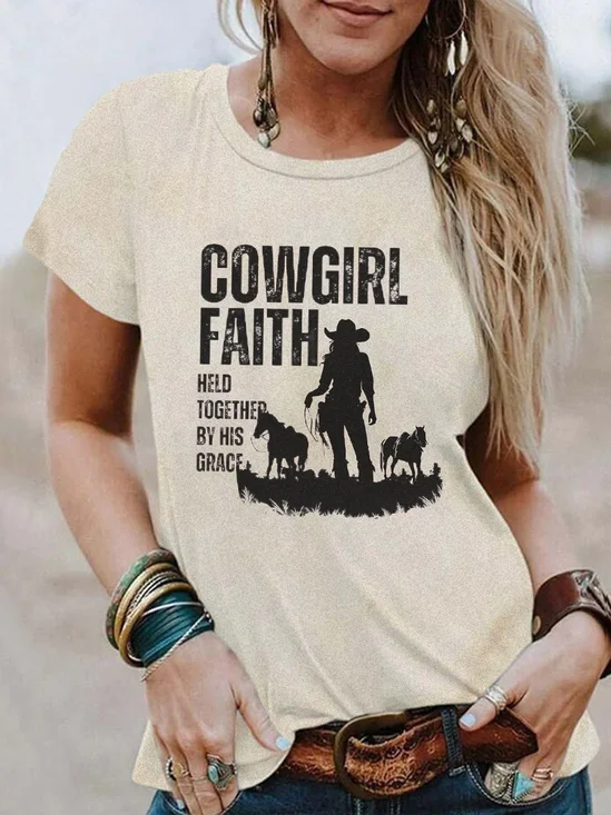 Western Style Round Neck Colored Cotton Short Sleeve T-Shirt
