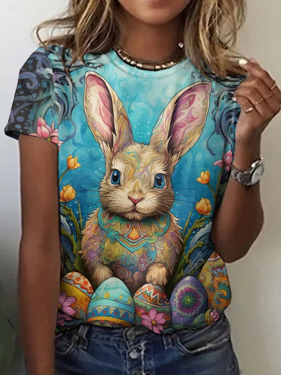 Retro style cute rabbit print short sleeved T-shirt