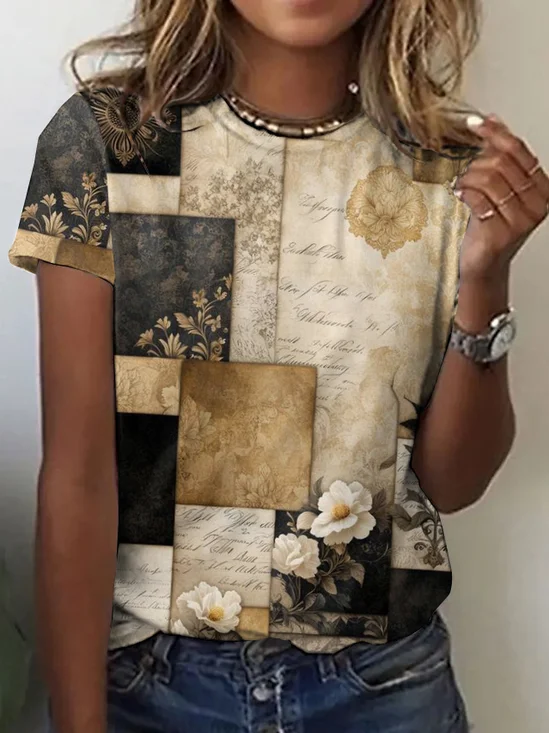Retro geometric floral color block short sleeved T-shirt
