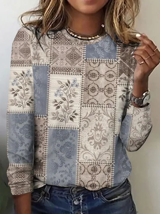 Retro floral geometric color block casual long sleeved T-shirt