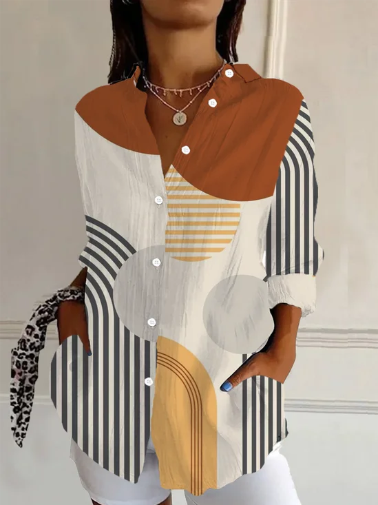 Women's Long Sleeve Shirt Spring/Fall As Picture Geometric Buckle Shirt Collar Daily Going Out Casual Top