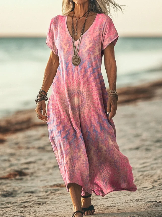 Women's Short Sleeve Summer Pink Tie Dye Printing V Neck Daily Going Out Casual Maxi Classic Dress