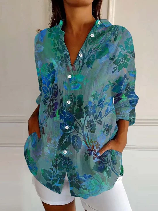 Casual Floral Loose Shawl Collar Shirt