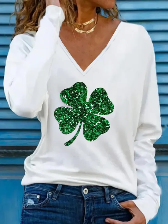 Women's Shamrock St. Patrick's Day Casual Long Sleeve V-Neck T-Shirt