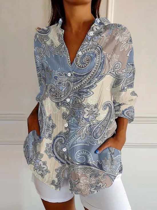 Street Paisley Shawl Collar Linen Blend Shirt