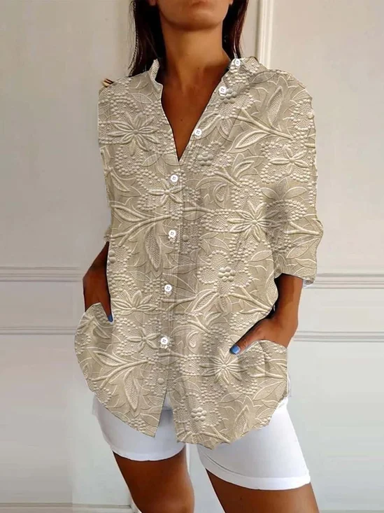 Women's Vintage Floral Print Casual Linen Cotton Shirt
