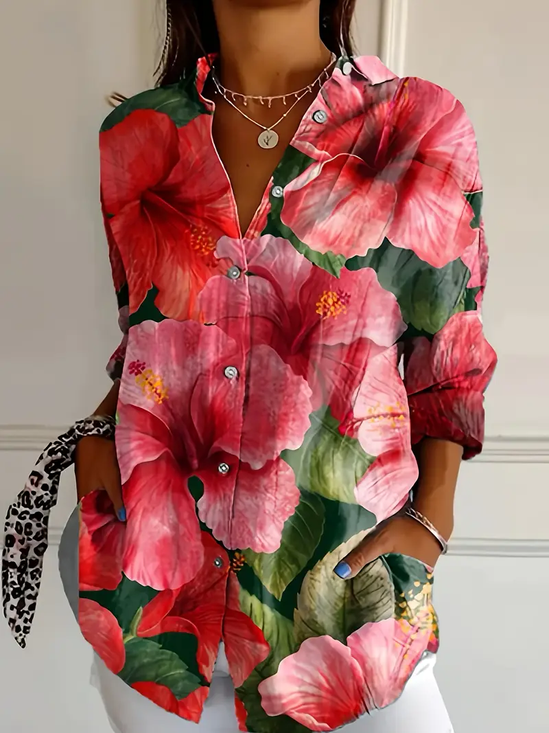 Women's Long Sleeve Shirt Spring/Fall As Picture Floral Buckle Shirt Collar Daily Going Out Casual Top