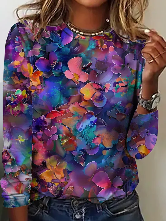 Women's Vintage Art Floral Print Long Sleeve T-Shirt