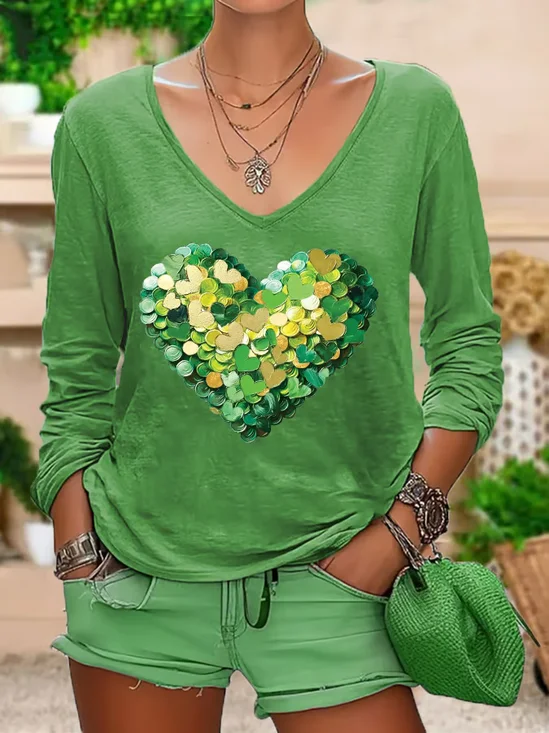 Women's St. Patrick's Day Casual Print Long Sleeve V-Neck T-Shirt