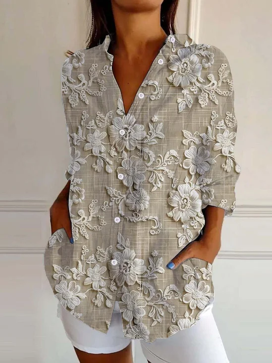 Women's Vintage Floral Print Casual Linen Cotton Shirt