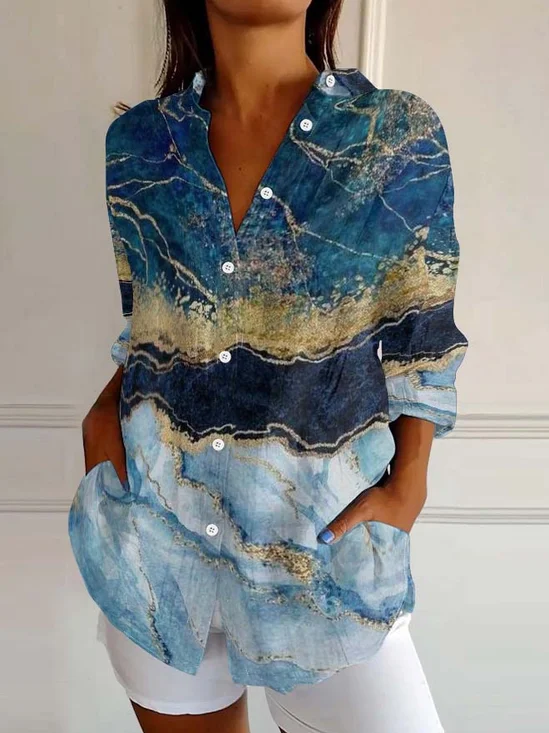 Multicolor Block Casual Shawl Collar Linen Blend Shirt