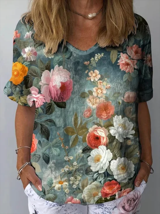 Women's Spring Floral Casual Print Short Sleeve Blouse