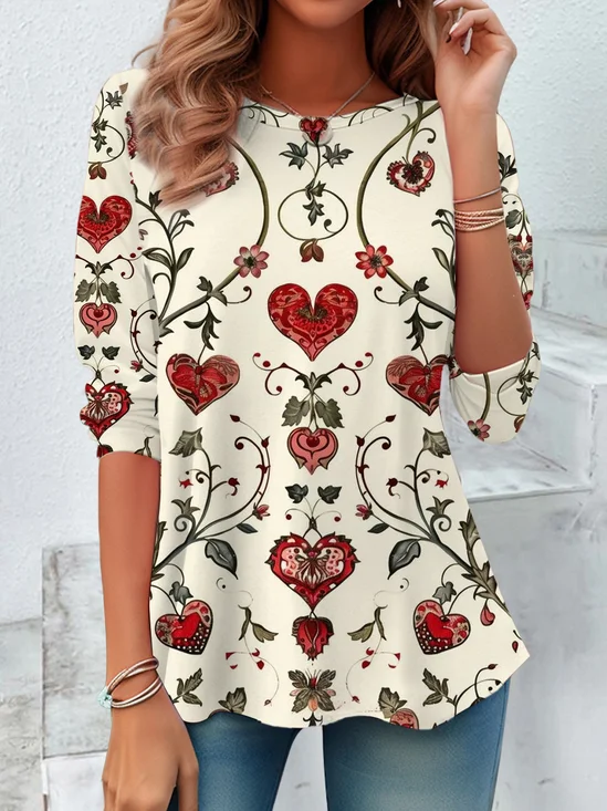 Women's Floral Hearts Valentine's Day Print Casual Round Neck Tunic T-Shirt
