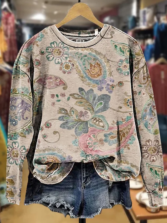 Women's Spring Floral Casual Print Crew Neck Long Sleeve Sweatshirt
