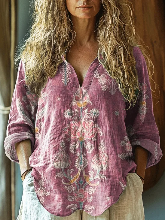 Women's retro national flower print casual linen V-neck shirt