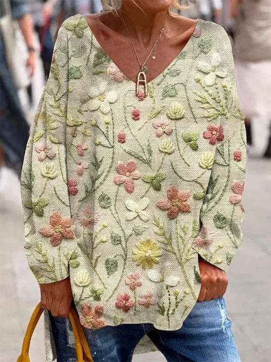 Women's Long Sleeve T-shirt Spring/Fall As Picture Floral Printing V Neck Going Out Casual Top