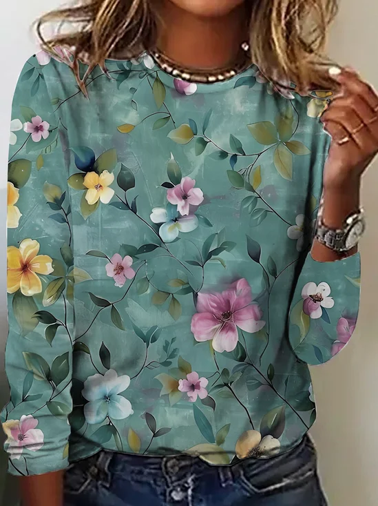 Women's Vintage Art Floral Print Cotton T-Shirt