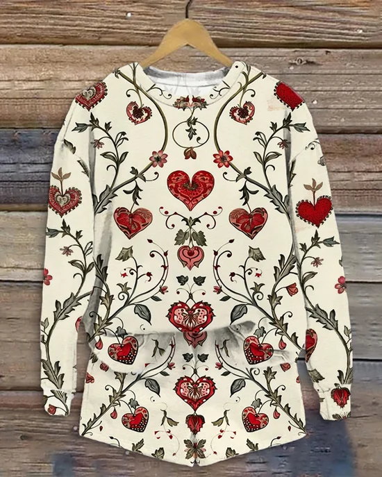 Women's Flower Love Valentine's Day Casual Spring and Autumn Tops and Pants Two-piece Set