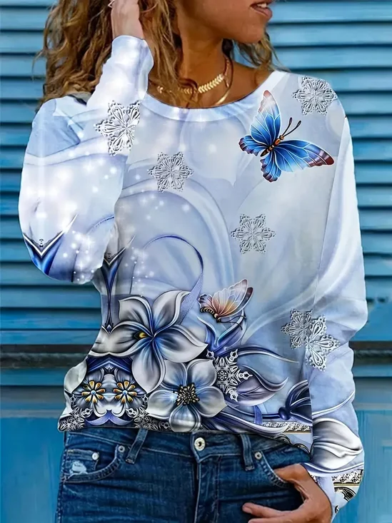 Women's Floral Butterfly Spring Print Round Neck Long Sleeve T-Shirt