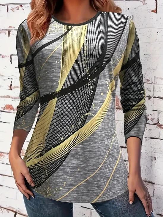 Women's Abstract Geometric Print Round Neck Long Sleeve T-Shirt