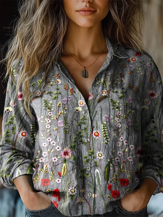 Ladies Vintage Cute Floral Print Casual Long Sleeve Comfortable Cotton Shirt