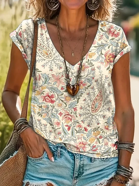 Women's vintage floral print V-neck T-shirt