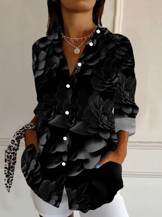 Women's Long Sleeve Shirt Spring/Fall Black Floral Buckle Shirt Collar Daily Going Out Casual Top