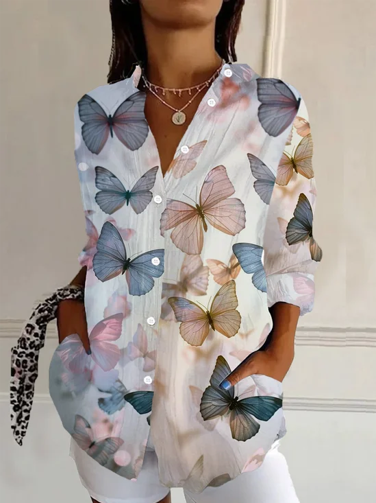 Women's Long Sleeve Shirt Spring/Fall As Picture Butterfly Buckle Shirt Collar Daily Going Out Casual Top