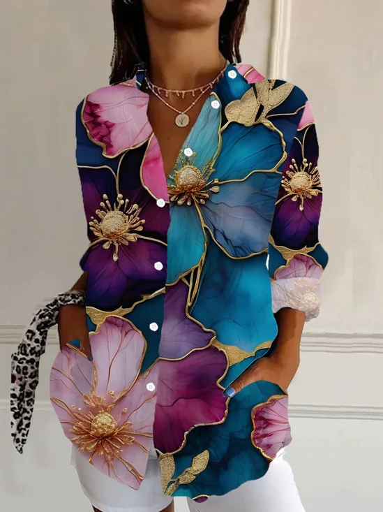 Women's Long Sleeve Shirt Spring/Fall As Picture Floral Buckle Shirt Collar Daily Going Out Casual Top