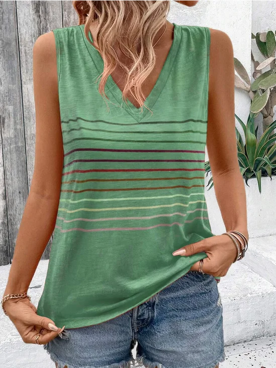 Striped Casual V Neck Loose Tank Top