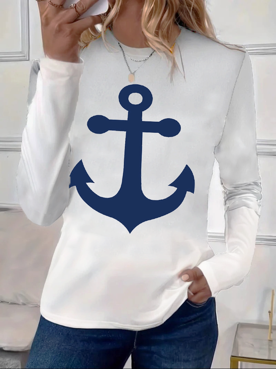 Women's Long Sleeve T-shirt Spring/Fall White Anchor Printing Jersey Crew Neck Daily Going Out Casual Top