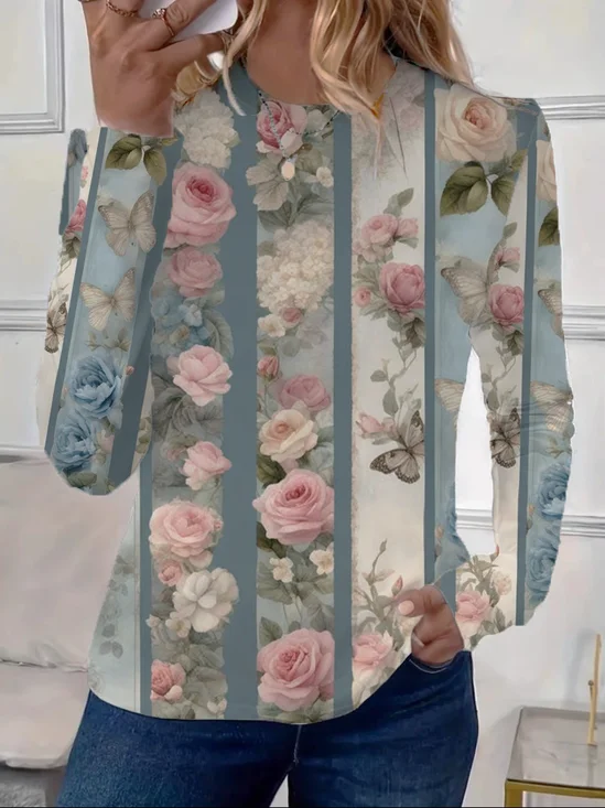 Women's Long Sleeve T-shirt Spring/Fall As Picture Floral Printing Jersey Crew Neck Daily Going Out Casual Top