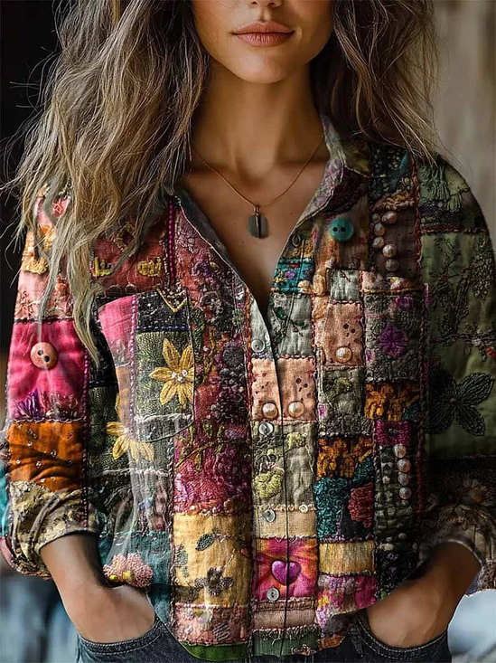 Women's Vintage Art Patchwork Floral Print Cotton and Linen Long Sleeve Shirt