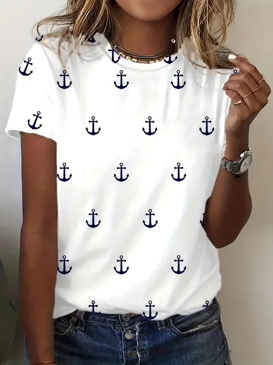 Women's Anchor Print Casual Round Neck Short Sleeve T-Shirt