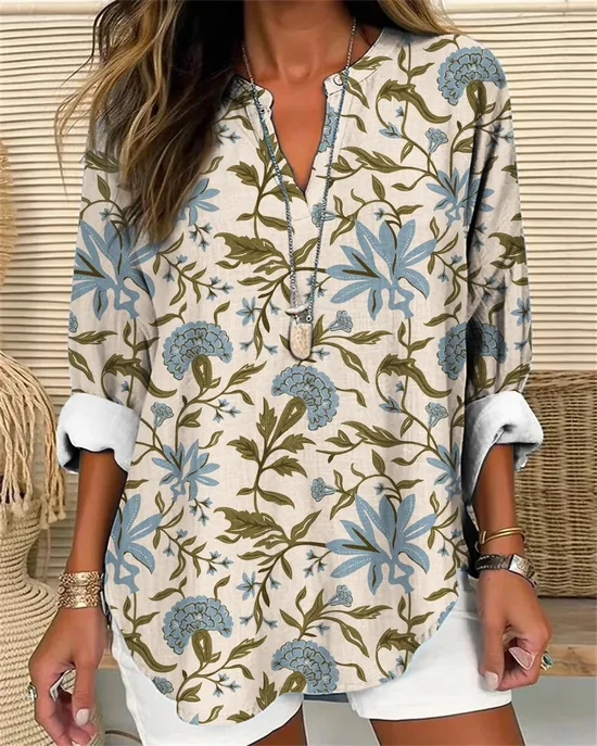 Color Block Floral V Neck Simple Color Block Shirt