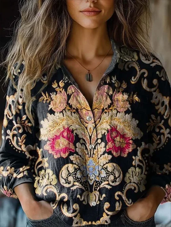 Loose Shawl Collar Ethnic 3D Printing Shirt
