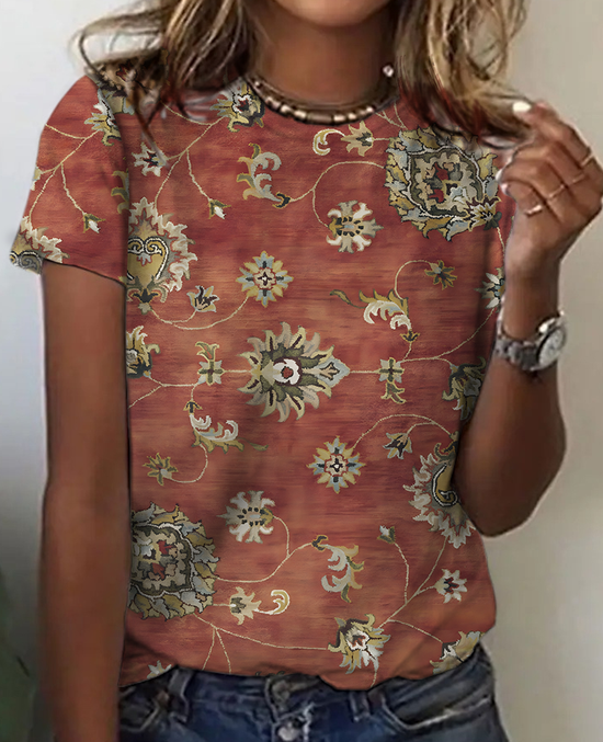 Vintage Ethnic Floral Print Cotton T-Shirt