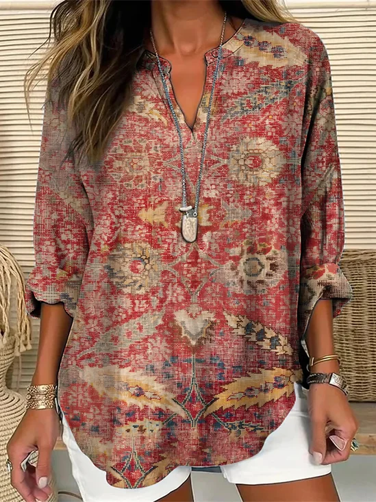 Women's Vintage Ethnic Art Floral Print V-Neck Shirt