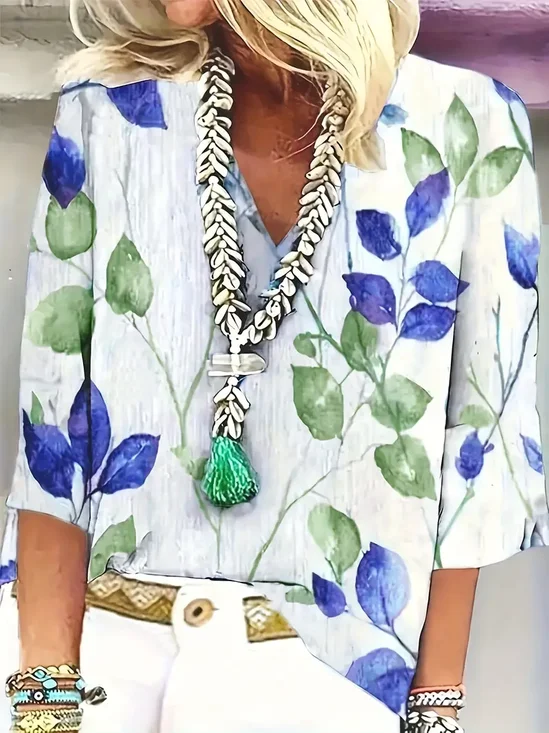 Women's Floral Spring V-Neck Printed Casual Blouse