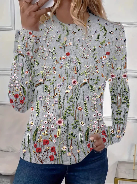 Women's Long Sleeve T-shirt Spring/Fall Gray Floral Printing Jersey Crew Neck Daily Going Out Casual Top